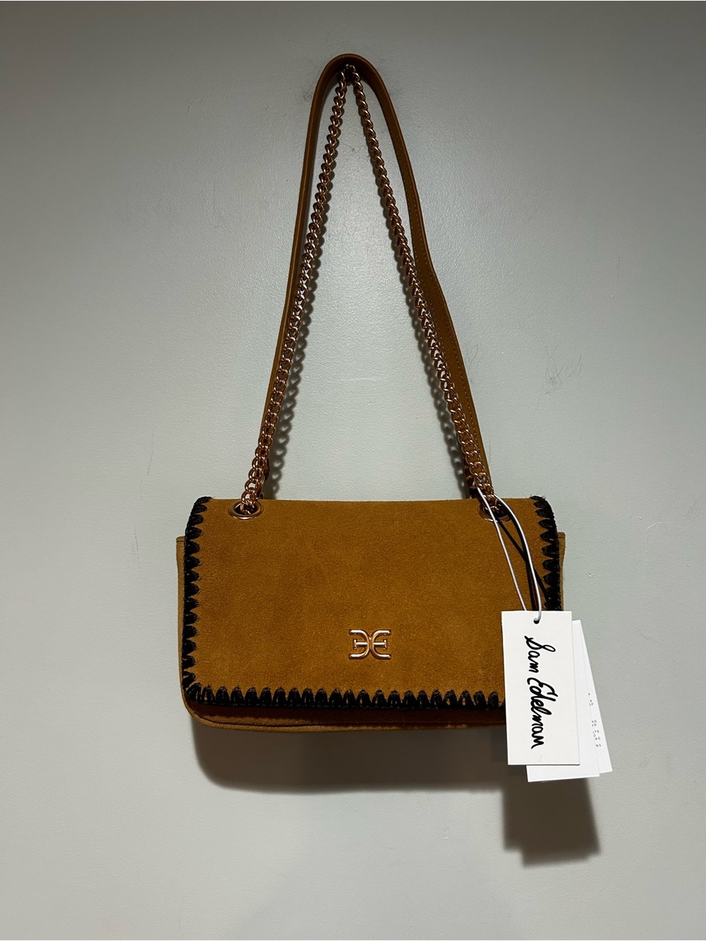 Sam Edelman Suede Shoulder Bag in Camel with Walnut Trim